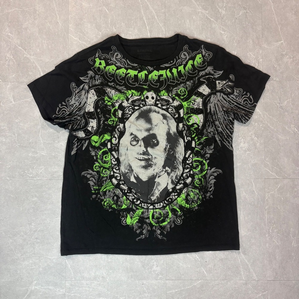 Beetlejuice Graphic T-Shirt Mens Large Black Neon Green Movie Promo Tee 3884